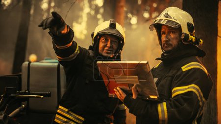 Portrait of Two Professional Firefighters Standing Next to an All-Terrain Vehicle, Using Heavy-Duty Laptop Computer and Figuring Out a Best Strategy