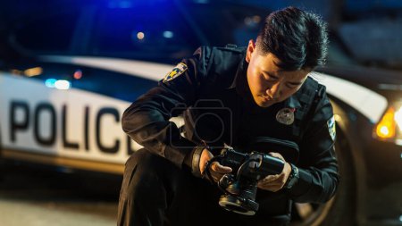Photo for Policeman Checking Camera after Taking Forensic Photos of Evidence Found on Crime Scene. Young Police Officer Using Technology to Better See Details - Royalty Free Image