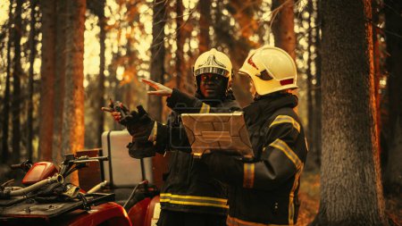 Portrait of Two Professional Firefighters Standing Next to ATV, Discussing the Situation During a Wildland Fire: Female Superintendent Talking with