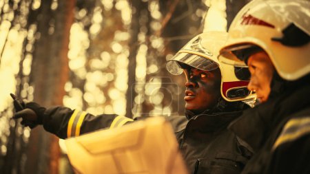 Professional Firefighters Extinguishing Forest Fire: Female Superintendent Talking with African American Squad Leader, Using Laptop Computer Near
