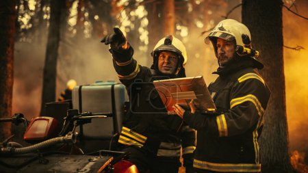 Portrait of Two Professional Firefighters Standing Next to an All-Terrain Vehicle, Using Heavy-Duty Laptop Computer and Figuring Out a Best Solution