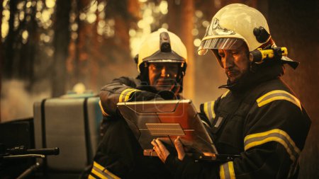 Close Up Portrait of Two Professional Firefighters Standing Next to an All-Terrain Vehicle, Using a Heavy-Duty Laptop Computer and Figuring Out a Best