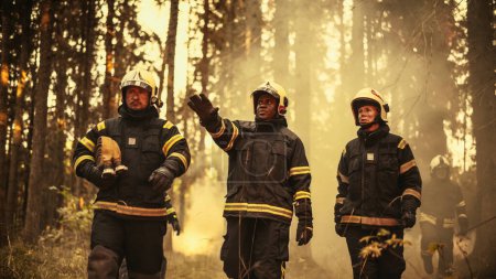 Portrait of a Diverse Group of Brave Wildfire Hotshots Walking in a Smoke-Filled Forest, Strategizing on Unsmarting the Terrifying Natural Force of a
