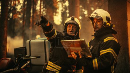 Portrait of Two Professional Firefighters Standing Next to an All-Terrain Vehicle, Using a Heavy-Duty Laptop Computer and Figuring Out a Best Strategy