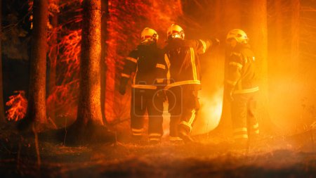 Drei Freiwillige Feuerwehrleute in Schutzausrüstung und Uniform umkreisen einen wütenden Waldbrand, bevor der Brand völlig außer Kontrolle gerät. Feuerwehr
