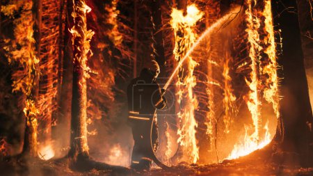 Professionelle Feuerwehrleute löschen einen großen Teil des Waldbrandes mit hoher Priorität. Hochqualifizierte Feuerwehrmänner arbeiten an herausfordernder Fernbedienung