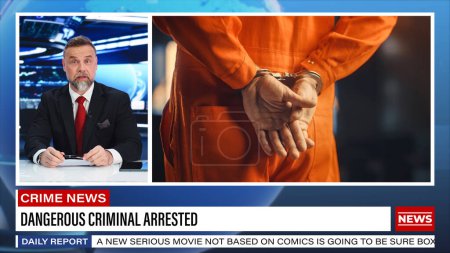 TV-Live-Bericht: Anchor Talks über kürzlich verhaftete gefährliche Verbrecher, bevorstehende Gerichtsverhandlung beginnt. Television Program News Feed. Kabel