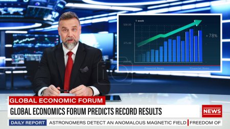Split Screen TV News Live Report: Anchorman Talks. Reportage Montage: Professional Male Newscaster Presenting Latest Stock Market Events. Television