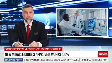 Split Screen TV News Live Report : Male Anchor Talks : Reporting About Recent Approved Effective Medicine. Newscaster annonce un traitement moderne