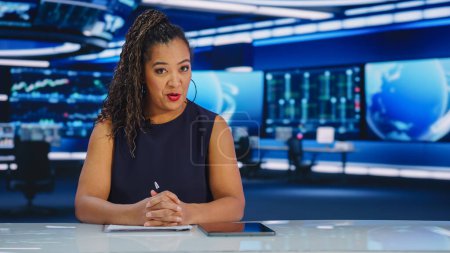 Split Screen TV News Live Report: Female Anchor Talks, Reporting. Montage de reportage avec image dans l'écran vert d'image, clé de chroma côte à côte