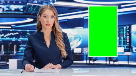 Split Screen TV News Live Report: Female Anchor Talks, Reporting (en inglés). Montaje de reportaje con imagen en pantalla verde, lado a lado Chroma Key