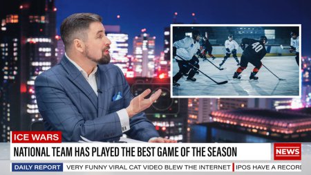 Split Screen TV News Live Report: Anchor Talks. Reportage Montage: National Team Played The Best Game In Season. Local Hockey Players Defeated