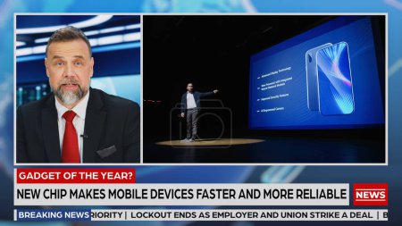 Split Screen TV News Live Report: Anchor Talks (en inglés). Reportage Montage Covering: Conferencia de prensa Presentación de nuevos dispositivos de alta tecnología, Smartphone AI