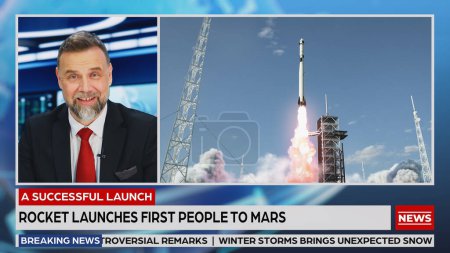 Split Screen TV News Live Report: Anchor Talks (en inglés). Montaje de reportajes: Viaje espacial, lanzamiento exitoso de cohetes con astronauta, sala de control celebrando
