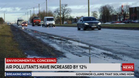TV News Live Report: Segment About Road and Car Environment Pollution, Toxic Waste, Oil Spills, Ecology (en inglés). Filmación de coches que pasan delante de la cámara