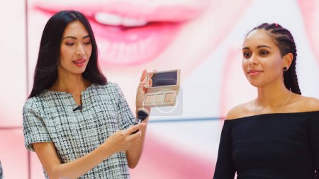 TV Commercial Infomercial: Female Host, Beauty Expert uses Blush Contour Palette on a Beautiful Black Model, Present Best Beauty Products, Cosmetics
