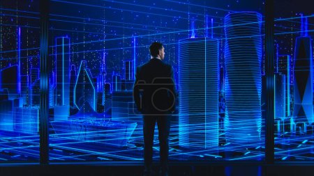VFX Futuristic Business Concept. Businessman Standing in Front of Digitally Generated Futuristic City with Rendered Skyscrapers and Office Buildings