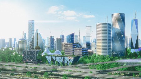 Futuristic City Concept. Wide Shot of an Digitally Generated Modern Urban Megapolis with Rendered Skyscrapers, Cozy Park, Flying Vehicles. Daytime