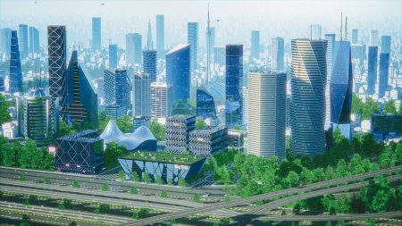 Futuristic City Concept. Wide Shot of an Digitally Generated Urban Megapolis with Creative Skyscrapers with Banks, Offices, Hotels, Autonomous Flying