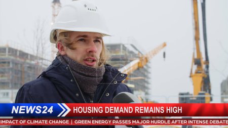 TV News Live Report Interview Edit. Real-Estate Buildings Development Segment: Reporter Talking with Construction Worker Engineer. Television Program