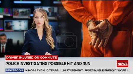 Split Screen TV News Live Report: Anchorwoman Talks. Reportage Edit with Photo of Handcuffed Criminal Convict at a Law and Justice Court Trial. Prison