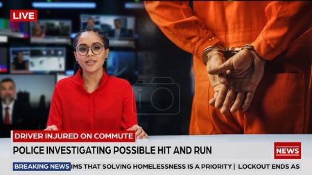 Split Screen TV News Live Report: Anchorwoman Talks. Reportage Edit with Photo of Handcuffed Criminal Convict at a Law and Justice Court Trial. Prison