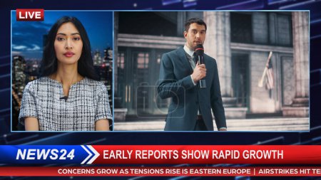 Split Screen Montage TV News Live Report: Anchorwoman Talks with Correspondent Reporting Outside Parliament, Court, Government. Politics, Economy