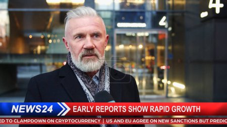 TV News Live Reportage: Presenter uses Microphone and Talks. Anchorman Interviews Businessman Economy, Business, City, Journalism investigation