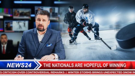 Split Screen TV News Live Report: Anker Talks. Reportage bearbeiten: Foto von Poster erscheint mit Eishockeyspiel Meisterschaftsspiel, Spieler spielen