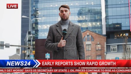 TV News Live Reportage: Presenter Holding Microphone Talking while City in Background. Economy, Business, City, Journalistic Investigation. Television