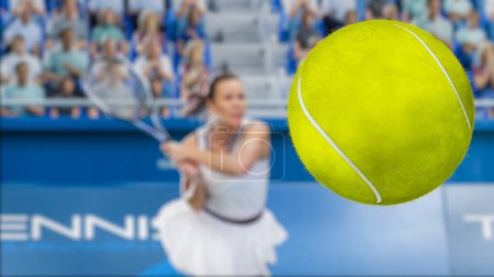 Sports TV Match de tennis féminin en championnat avec balle à effet spécial 3D. Joueuse de tennis féminine servant une balle avec une raquette, balle volant à l'écran