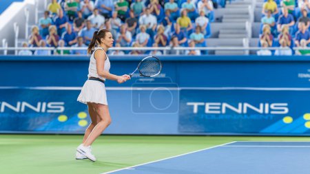Photo for Female Tennis Player Hitting Ball with a Racquet During Championship Match. Professional Woman Athlete Striking Ball. World Sports Tournament with - Royalty Free Image