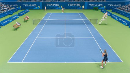 Foto de Sports TV Broadcast of Female Tennis Championship Match Full Set. Two Professional Women Athletes Compete, Hit Fault Shot. Network Channel Television - Imagen libre de derechos