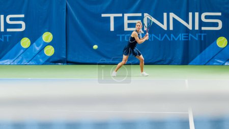 Photo for Female Tennis Player Waiting for Opponent to Shoot Ball with a Racquet During Championship Match. Professional Technical Woman Athlete Receives and - Royalty Free Image