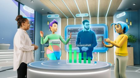 Corporate Business Meeting in Virtual Reality Office Space. Real Female Manager Standing Next to Two Avatars of Colleagues, and a Hologram of Another