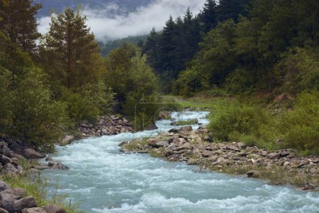 Paisaje montañoso con poderoso río de agua transparente