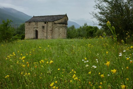 Foto de Pequeña iglesia de estilo románico en un prado verde con flores. Ruta Serrablo, Huesca - Imagen libre de derechos
