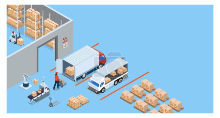 Illustration for 3D isometric Warehouse Logistic concept with Workers loading products on the trucks, Transportation operation service, Export, Import, forklift, pallets, cardboard boxes. Vector illustration EPS 10 - Royalty Free Image