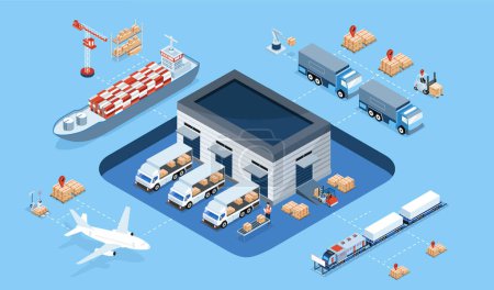 Ilustración de Concepto logístico inteligente isométrico 3D con Warehouse Logistic, productos de carga de trabajadores, tecnología inalámbrica de uso de camiones de transporte. Ilustración vectorial Eps10 - Imagen libre de derechos