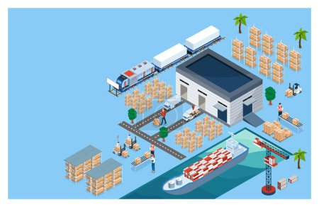 Illustration for 3D isometric Global logistics solutions landing page concept with Smart Logistics, Business logistics, Warehouse Logistic, Online delivery, Export and Import. Vector illustration sps10 - Royalty Free Image