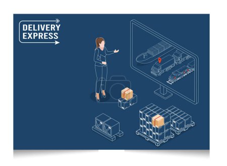 Illustration for 3D isometric Set of logistics solutions concept with Global Logistics, Warehouse Logistics, Maritime Transport, Online delivery, Export and Import. Vector illustration eps10 - Royalty Free Image