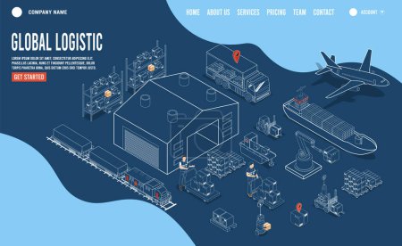 Illustration for 3D isometric Set of logistics solutions concept with Global Logistics, Warehouse Logistics, Maritime Transport, Online delivery, Export and Import. Vector illustration eps10 - Royalty Free Image