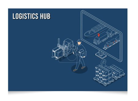 Illustration for 3D isometric Set of logistics Hub solutions concept with Global Logistics, Warehouse Logistics, Maritime Transport, Online delivery, Export and Import. Vector illustration eps10 - Royalty Free Image