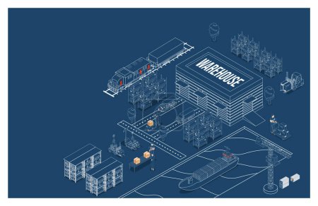 Illustration for 3D isometric Global logistics solutions concept with Smart Logistics, Business logistics, Warehouse Logistic, Online delivery, Export and Import. Vector illustration eps10 - Royalty Free Image