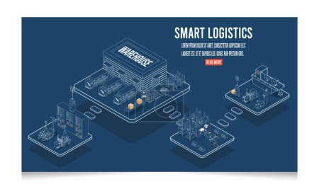 Ilustración de Concepto logístico inteligente isométrico 3D con robot de entrega, logística y gestión de almacén, soluciones logísticas, cadena de suministro completa, camión de transporte. Ilustración vectorial Eps10 - Imagen libre de derechos