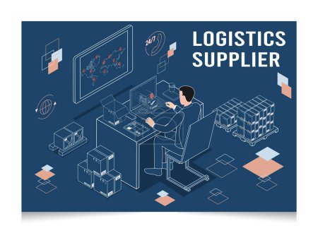 Illustration for 3D isometric Logistics Supplier concept with businessman working at a table with a product in a parcel box. Vector illustration eps10 - Royalty Free Image