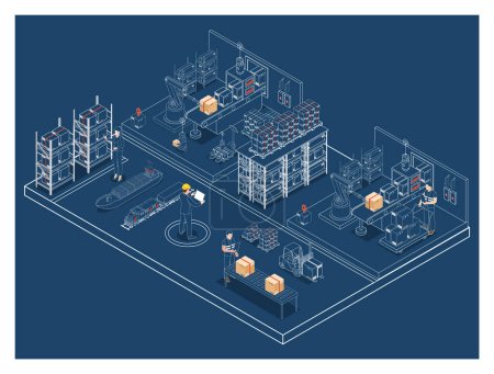 Illustration for 3D isometric automated warehouse robots and Smart warehouse technology Concept with Warehouse Automation System and Robot Transportation operation service. Vector illustration EPS 10 - Royalty Free Image