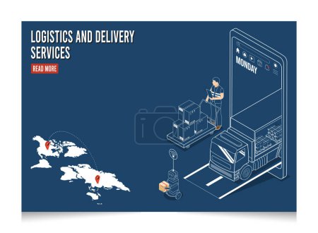 Ilustración de 3D isometric Logistics and Delivery services concept with Man sending delivery package with truck from suppliers to buyers and copy space. Vector illustration eps10 - Imagen libre de derechos