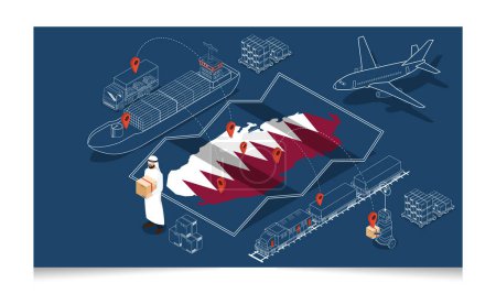 Ilustración de Concepto logístico isométrico 3D de Qatar con servicio de operación de transporte, exportación, importación, carga, aire, carretera, marítimo, entrega. Ilustración vectorial EPS 10 - Imagen libre de derechos