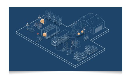 Illustration for 3D isometric Logistic concept with Workers loading products on the trucks, storage buildings Warehouse Logistics, Transportation operation service, logistics management. Vector illustration EPS 10 - Royalty Free Image